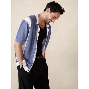 NWT Banana Republic Resort Shirt XXL Crashing Waves Blue Rib Knit Sweater Button